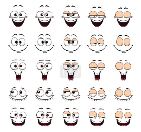 Téléchargez les illustrations : Dessin animé rire ou rire visage et cligner des yeux animation sprite feuille avec emoji clignant ou émoticône personnages vectoriels. Séquence d'images de personnages heureux avec des étapes d'animation d'ouverture et de fermeture des yeux - en licence libre de droit