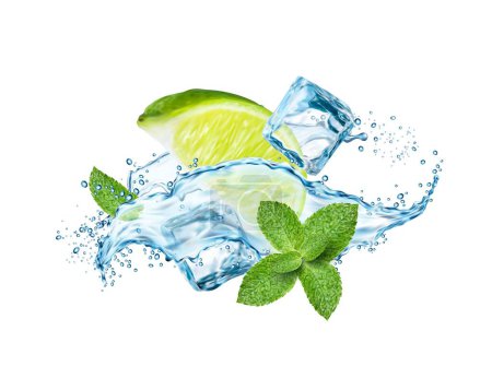 Illustration for Water splash with lime, ice cubes and mint leaves. Mojito drink swirl, wave or flow with realistic drops and splatters. Vector cold cocktail of lemon fruit juice, soda beverage, ice and peppermint - Royalty Free Image