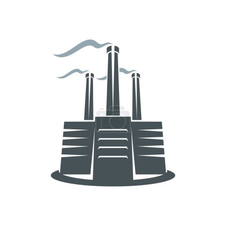Illustration for Factory icon with chimney, industry building or power plant of chemical production, vector smoke silhouette. Energy, oil or gas refinery factory icon, industrial technology and nuclear plant symbol - Royalty Free Image