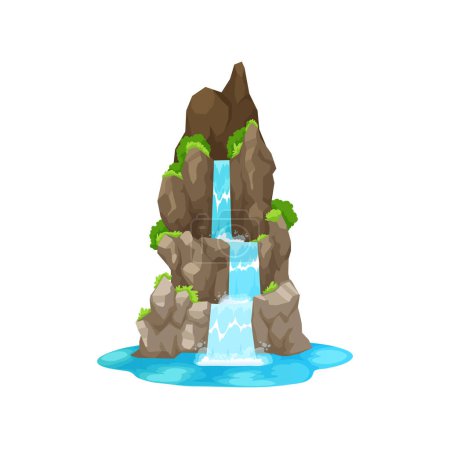 Téléchargez les illustrations : Cascade cascade, chute d'eau de dessin animé ou rivière de montagne sur roche, forêt de jungle vectorielle. Cascade paysage cascade avec éclaboussures d'eau du ruisseau de la colline de pierre ou d'un lac sur l'île tropicale - en licence libre de droit