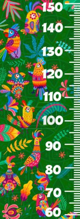 Illustration for Kids height chart ruler. Cartoon brazilian and mexican parrots in jungle vector meter. Measure scale with exotic birds, tropical plants and flowers for kids height chart or stadiometer wall sticker - Royalty Free Image