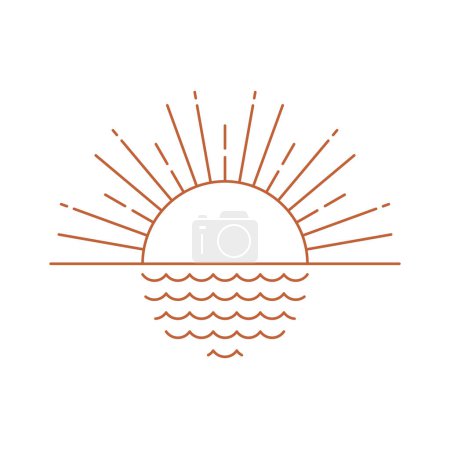Illustration for Abstract sun print boho minimalist design, sunrise or sunset at sea waves. Vector bohemian graphics art work, outline icon. Sunshine in boho style - Royalty Free Image
