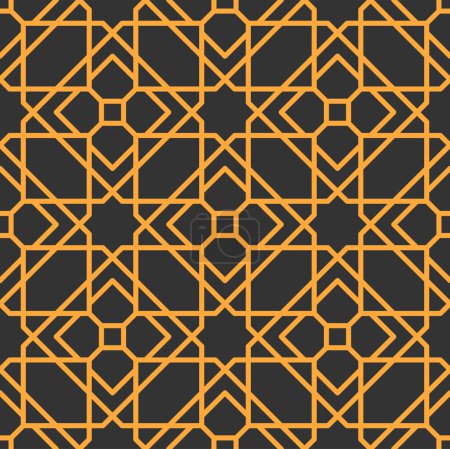 Illustration for Mashrabiya arabesque arabic pattern. Seamless islamic background with vector arab ornament of gold geometric motif. Golden background of muslim stars, floral elements, arabesque lattice cnc pattern - Royalty Free Image