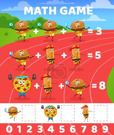 Illustration for Cartoon fast food sportsman characters on running track, math game worksheet. Vector fast food hamburger, hot dog and pizza personages kids puzzle quiz with addition and subtraction exercises - Royalty Free Image