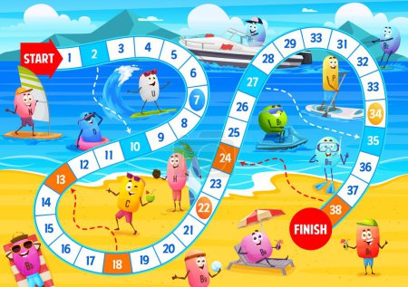 Illustration for Kids step board game. Cartoon vitamin characters on summer beach. Vector playing activity worksheet with food supplement capsules N, D, U, B1 and B6. Nutrients P, B3 and B12, C or H - Royalty Free Image