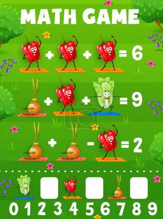 Illustration for Math game worksheet, cartoon cheerful vegetable characters on fitness, vector kids quiz. Cabbage, pepper and onion on sport activity, mathematics education puzzle game for number count and calculation - Royalty Free Image