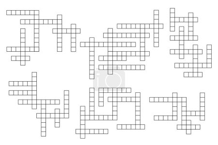 Illustration for Crossword game grid templates, word guess quiz layout, vector empty boxes background. Crossword game grids in vertical and horizontal cross boxes, word guess quiz or intellectual riddle worksheets - Royalty Free Image