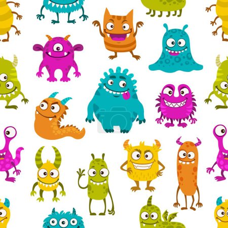 Illustration for Seamless pattern with cartoon funny monster characters. Vector repeated background with cute comic creatures, joyful halloween personages. Ornament with devils, goblins, aliens kawaii smiling mutants - Royalty Free Image