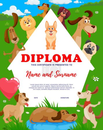 Illustration for Kids diploma cartoon dogs and puppies. Adopt a dog vector animal shelter certificate with cute funny pets playing on green field. School award frame, invitation or appreciation letter for children - Royalty Free Image