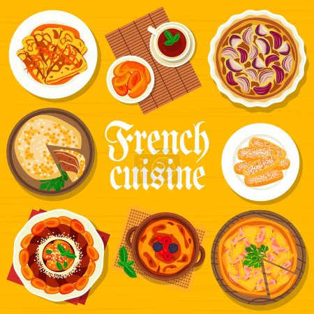 Illustration for French cuisine menu cover, vector onion tart, pancakes with orange sauce crepe suzette, ham pie quiche lorraine and tea. Apricot cake savarin, meat stuffed cabbage or creme brulee, almond biscuit - Royalty Free Image