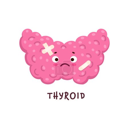 Illustration for Thyroid, sick body organ character injured or unhealthy, cartoon vector personage. Endocrine gland health or hormone disease and cancer sickness, sad thyroid with pain and medical patch on face - Royalty Free Image