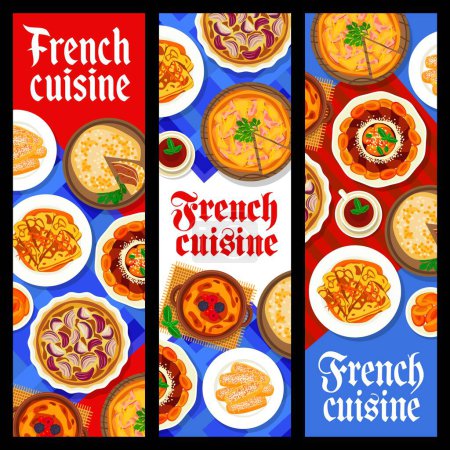 Illustration for French cuisine food banners, vector meat stuffed cabbage ,pancakes with orange sauce crepe suzette, apricot cake savarin and creme brulee. Almond biscuit, onion tart and ham pie quiche lorraine meals - Royalty Free Image