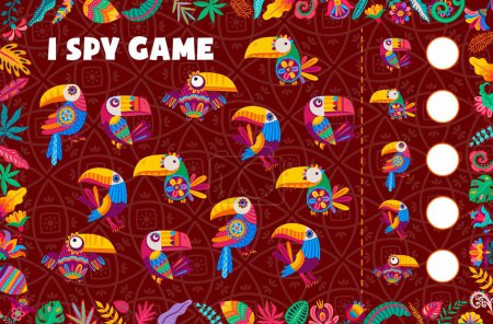 Illustration for I spy game worksheet, cartoon Mexican and Brazilian toucan birds, vector kids puzzle quiz. Find and match two same tropical birds on kids riddle game with colorful toucans and Brazilian jungle flowers - Royalty Free Image