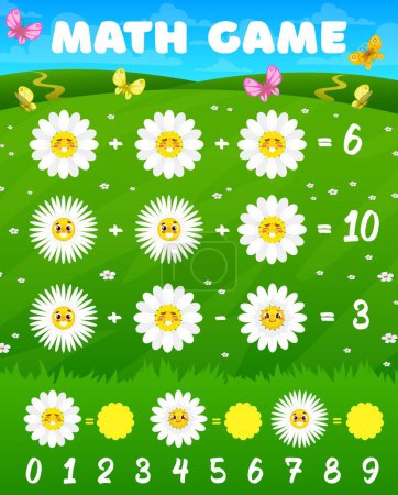 Illustration for Camomile smile daisy flower characters math game worksheet. Vector mathematics riddle for children education and learning arithmetic equations with funny summer blossoms on green field, quiz test - Royalty Free Image
