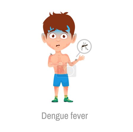 Illustration for Child with dengue fever disease. Isolated vector sick little boy with allergies on infected mosquito bite with red itchy rash pimples on body. Insects sucking child blood. Kid sickness symptoms - Royalty Free Image