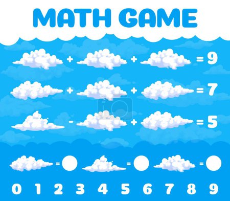 Téléchargez les illustrations : Cartoon nuages blancs dans le ciel bleu feuille de calcul de jeu de mathématiques. Mathématiques vectorielles énigme pour l'éducation des enfants, l'apprentissage des équations arithmétiques. Développement des compétences de calcul, tâche de puzzle pour apprendre à compter - en licence libre de droit