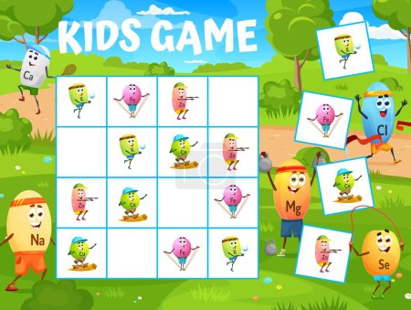 Illustration for Sudoku kids game with cartoon vitamin sportsman characters, vector quiz worksheet. Funny vitamins and minerals on sport, zinc on fitness, calcium playing tennis in find and match sudoku game - Royalty Free Image