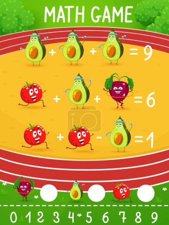 Illustration for Math game worksheet cartoon avocado, tomato and beet characters on sport stadium, vector mathematics quiz. Math game puzzle for addition and subtraction calculation skills training with vegetables - Royalty Free Image