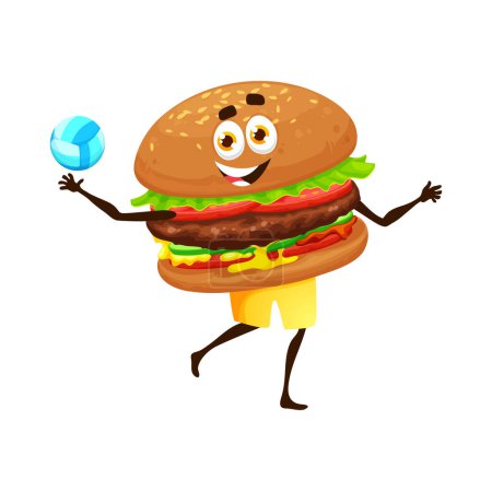 Illustration for Cartoon hamburger character playing volleyball, funny fast food on summer holiday, vector cheeseburger. Cheerful burger sandwich playing volleyball on summer vacations with face smile - Royalty Free Image