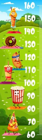 Ilustración de Regla de carta de altura para niños. Personajes de yoga de comida rápida de dibujos animados del medidor de crecimiento infantil. Pegatina de pared vectorial con escala de regla y lindos personajes de pizza, hot dog, donut y soda en ejercicios de fitness - Imagen libre de derechos