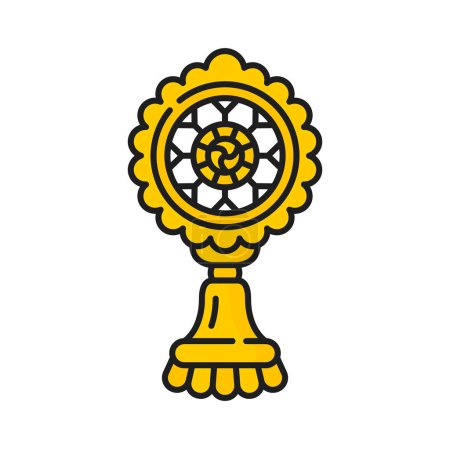 Illustration for Dharmachakra chamaru knowledge sign buddhism religion icon. Vector wheel of law gautama Buddha and Dharma teaching. Dharma wheel auspicious sign - Royalty Free Image