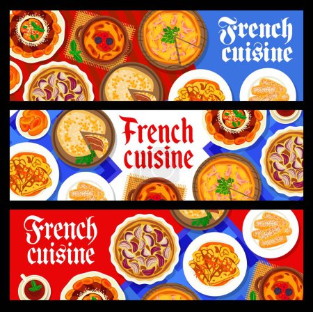 Illustration for French cuisine food banners, vector almond biscuit, onion tart and ham pie quiche lorraine. Pancakes with orange sauce crepe suzette, black tea, apricot cake savarin and meat stuffed cabbage dishes - Royalty Free Image