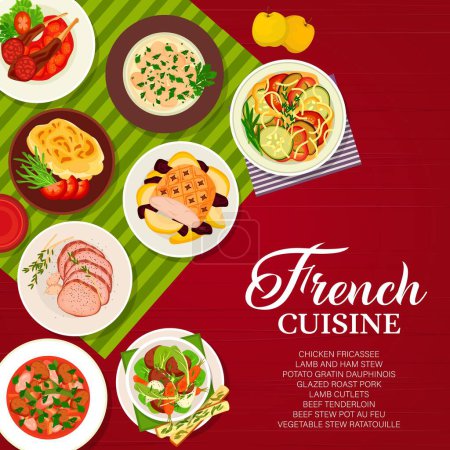 Illustration for French cuisine food menu cover page. Beef tenderloin, potato gratin Dauphinois and vegetable stew ratatouille, lamb cutlets, beef stew Pot au Feu and lamb and ham stew, chicken fricassee, roast pork - Royalty Free Image
