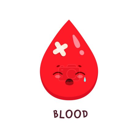 Illustration for Blood drop sick character, unhealthy vector cartoon personage. Human health medicine, cartoon blood drop with sad face crying with medical patch, blood disease diabetes, hemophilia or leukemia - Royalty Free Image