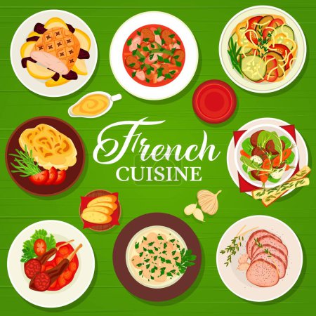 Illustration for French cuisine restaurant food menu cover. Chicken fricassee, vegetable stew ratatouille and lamb cutlets, Dauphinois, beef stew Pot au Feu, lamb and ham stew, beef tenderloin, glazed roast pork - Royalty Free Image