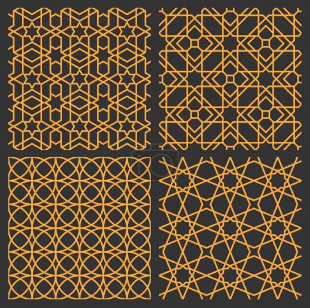 Ilustración de Mashrabiya arabescos patrones árabes establecidos. Fondo islámico sin costuras con ornamento vectorial de formas geométricas. Motivo oriental musulmán de estrellas doradas y curvas. Patrón dorado adornado para azulejo árabe - Imagen libre de derechos