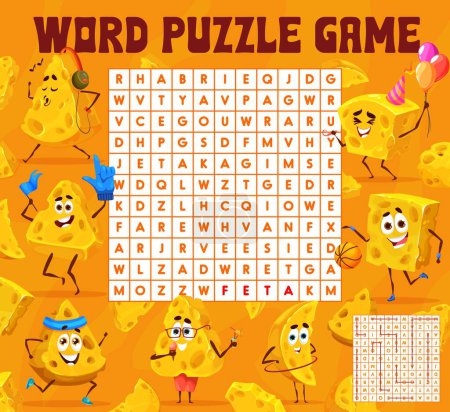 Illustration for Cartoon maasdam and gouda cheese characters. Word search puzzle game worksheet. Vector crossword for kid, amusement quiz grid with brie, cheddar, parmigiano or gruyere. Mozzarella, feta or edam cheese - Royalty Free Image
