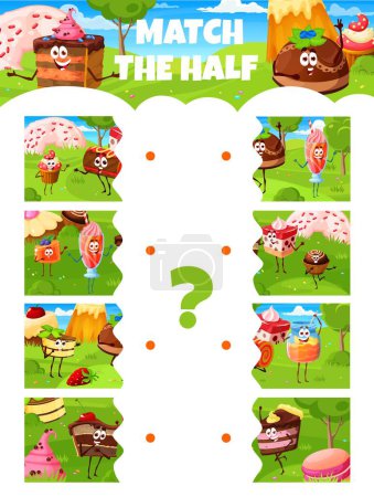 Illustration for Match the half of cartoon candy, pastry and cake characters. Vector game worksheet with funny confectionery pie, muffin and roll, cocktail, cheesecake or cupcake, honey jar and truffle sweet desserts - Royalty Free Image
