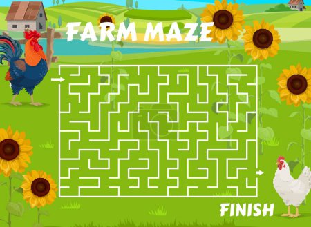 Illustration for Labyrinth maze game. Help the rooster find the hen on farm. Kids maze puzzle, children labyrinth vector worksheet or quiz with rooster and hen farm poultry birds on rural landscape - Royalty Free Image