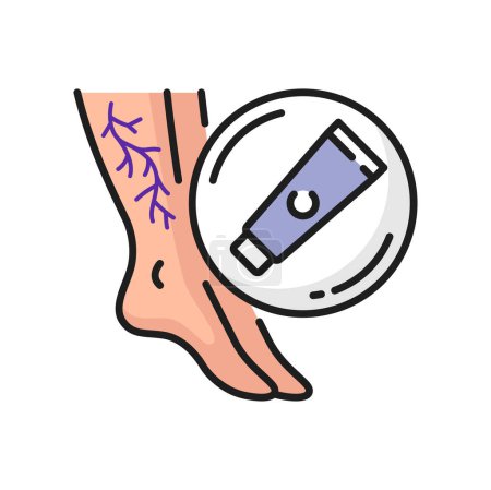 Illustration for Varicose veins swelling pain, ointment treatment outline icon. Vector abnormal blood pressure, weak valves disease. Vascular thrombosis cream - Royalty Free Image