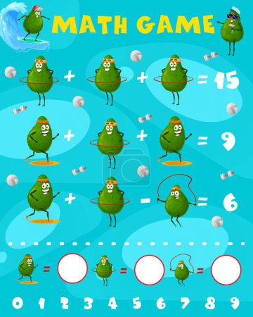 Illustration for Cartoon avocado characters math game worksheet. Vector mathematics subtraction and extraction riddle for children education and learning arithmetic with funny fruits jogging and spinning hoop - Royalty Free Image