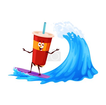Illustration for Cartoon soda drink character surfing on wave, vector fast food with funny face. Happy cute soda cup on surfboard at sea wave on summer holiday vacations, kids junk food comic personage - Royalty Free Image