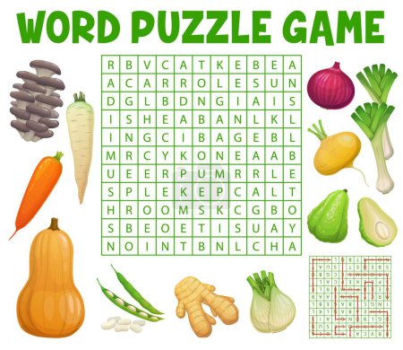 Illustration for Mushrooms and farm raw vegetables on word search puzzle game worksheet. Child quiz grid, cartoon vector educational game or kindergarten children intelligence test with words in letters find task - Royalty Free Image