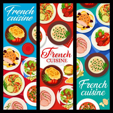 Illustration for French cuisine food banners. Glazed roast pork, vegetable stew ratatouille and potato gratin Dauphinois, lamb and ham stew, beef stew Pot au Feu and chicken fricassee , beef tenderloin, lamb cutlets - Royalty Free Image
