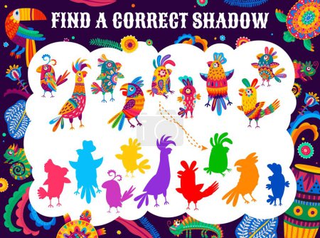 Illustration for Find a correct shadow of cartoon mexican and brazilian parrots worksheet. Kids objects matching playing activity, vector puzzle game or quiz with colorful cartoon jungle birds, ornate parrots shadows - Royalty Free Image