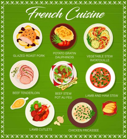 Illustration for French cuisine menu page template. Glazed roast pork, lamb cutlets, lamb and ham stew, chicken fricassee, potato gratin Dauphinois and beef stew Pot au Feu, vegetable stew ratatouille, beef tenderloin - Royalty Free Image