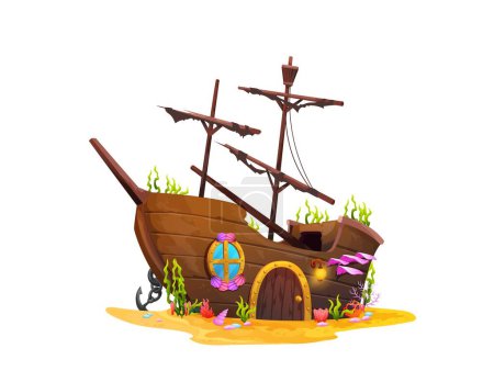 Illustration for Cartoon sunken ship, underwater house building or pirate sailboat wrecks, vector, undersea home. Ship boat shipwrecks dwelling of aquatic creatures with door and window, sea or ocean sunken frigate - Royalty Free Image