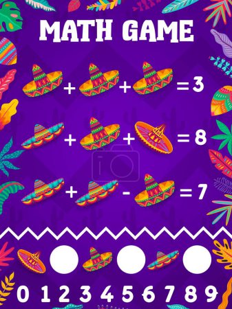 Téléchargez les illustrations : Feuille de calcul du jeu de mathématiques chapeaux et fleurs de sombrero mexicain. Devinette vectorielle de mathématiques pour l'apprentissage du calcul des enfants avec les coiffures traditionnelles du Mexique. Tâche d'éducation, équations arithmétiques puzzle - en licence libre de droit