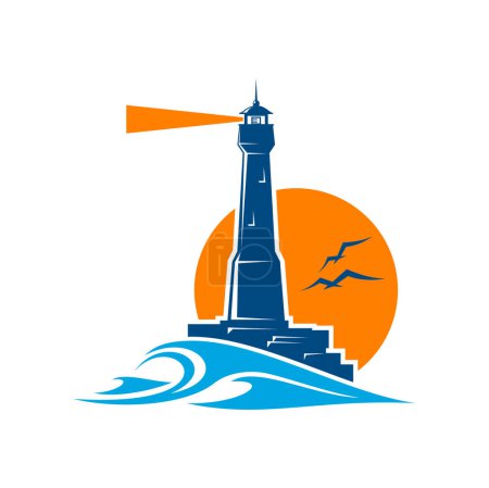 Illustration for Lighthouse and beacon icon. Sea and ocean sailing safety, tourism landmark and marine travel navigation vector symbol, business company icon with beacon tower, lighthouse on rock, sun disc and waves - Royalty Free Image