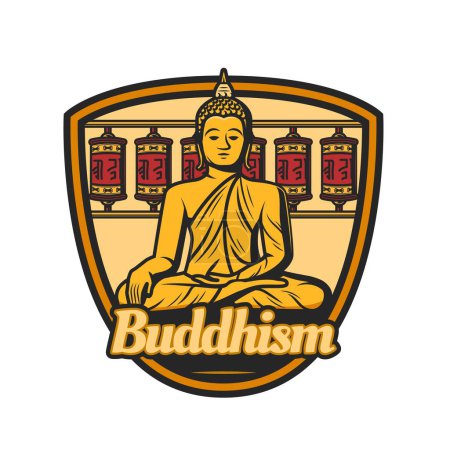 Illustration for Buddhism icon. Buddha and prayer wheels. Buddhism religion, oriental philosophy or meditation school vintage emblem or symbol with Buddha siting in lotus position monument, temple prayer wheels - Royalty Free Image