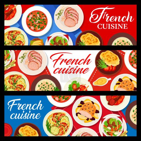 Illustration for French cuisine food horizontal banners. Vegetable stew ratatouille, gratin Dauphinois, lamb and ham stew, glazed roast pork, beef stew Pot au Feu and chicken fricassee, lamb cutlets, beef tenderloin - Royalty Free Image