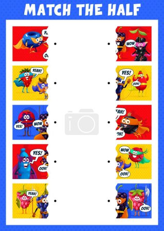 Illustration for Match the half of cartoon superhero berry characters. Vector game worksheet with blueberry, blackberry, grapes and birds cherry. Strawberry, cloudberry, rosehip and cranberry with black currant heroes - Royalty Free Image
