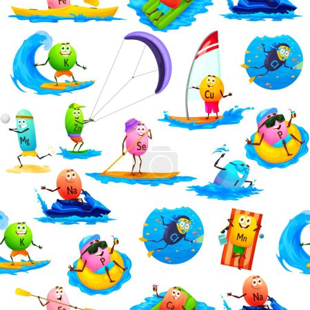 Illustration for Cartoon minerals characters on summer vacations, seamless pattern and vector background. Potassium swimming in sea, Chlorine on snorkeling or scuba diving and Zinc windsurfing, funny minerals pattern - Royalty Free Image