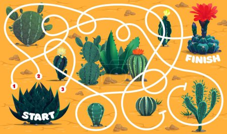 Labyrinthlabyrinth. Kakteen Sukkulenten in der Wüste. Kinder-Labyrinth-Quiz, Kinder suchen Pfad spielende Aktivitätsseite oder Rätsel-Vektor-Arbeitsblatt mit stacheligen Pflanzen, stacheligen Kakteen und Sukkulenten