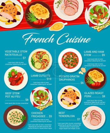 Illustration for French cuisine food menu page. Glazed roast pork, beef tenderloin and potato gratin Dauphinois, beef stew Pot au Feu and vegetable stew ratatouille, lamb and ham stew, lamb cutlets, chicken fricassee - Royalty Free Image