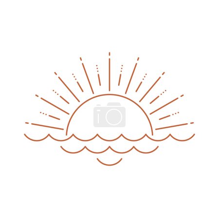 Illustration for Bohemian sunrise or sunset linear logo, sun on sea or ocean waves. Vector boho style sacred sun rays, twinkling celestial body, meditation sign - Royalty Free Image